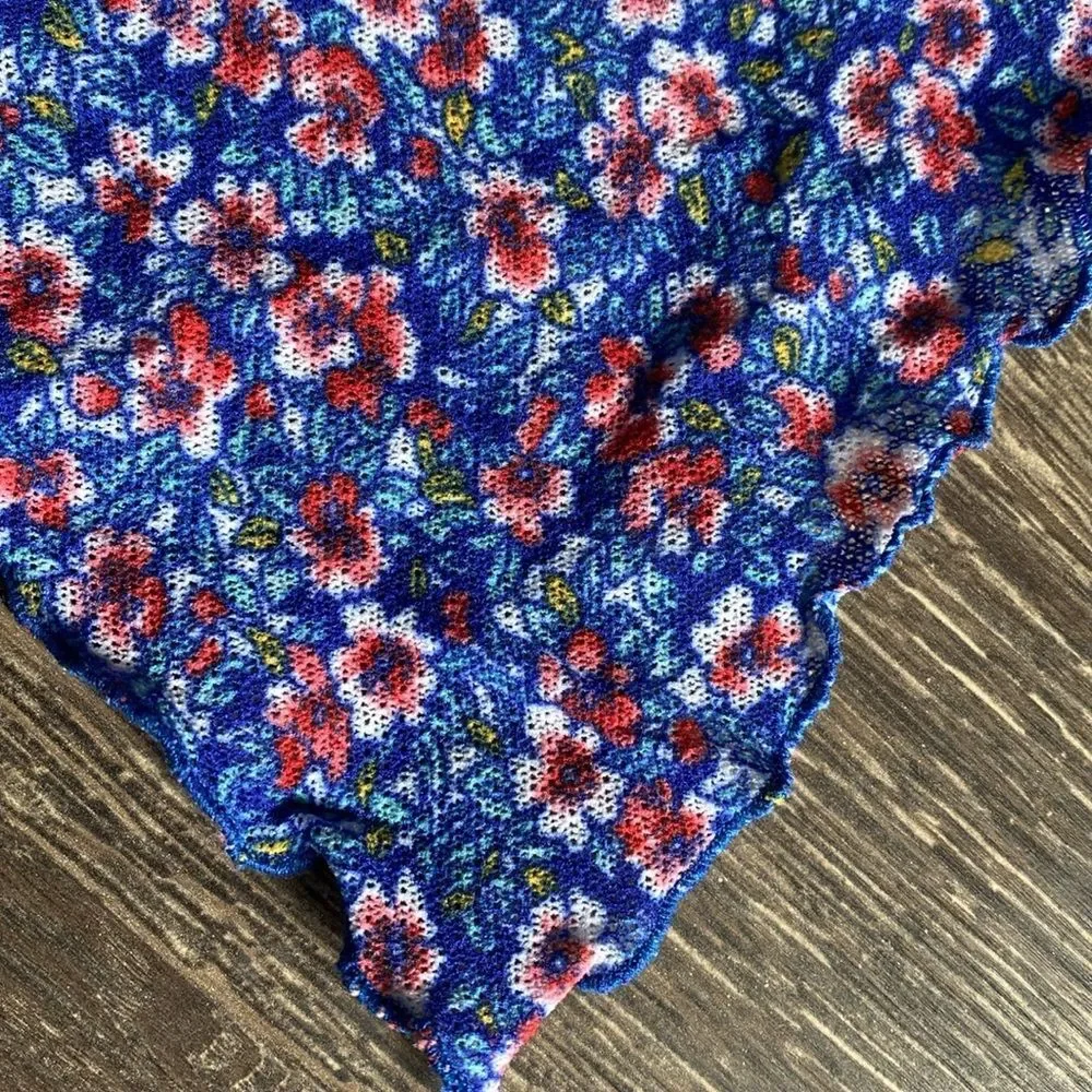Vintage Red Floral Blue Bandana OS Cottage Core Coastal Boho Hippy
